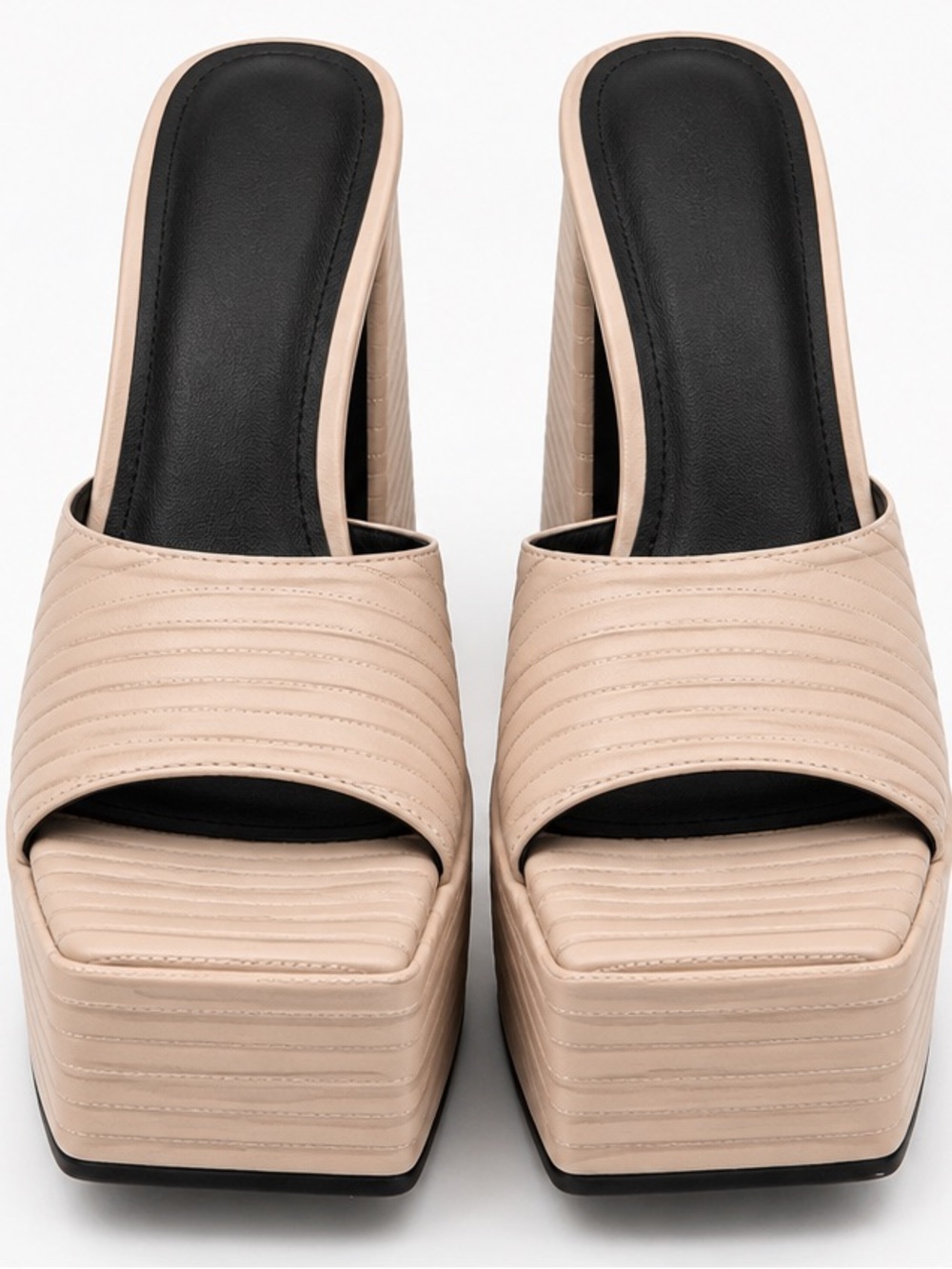 Quilted Platform Slide Mules — Beige